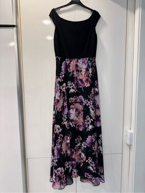 Frank Lyman Design Black Maxi Dress with Purple Floral Skirt.Empire waist!